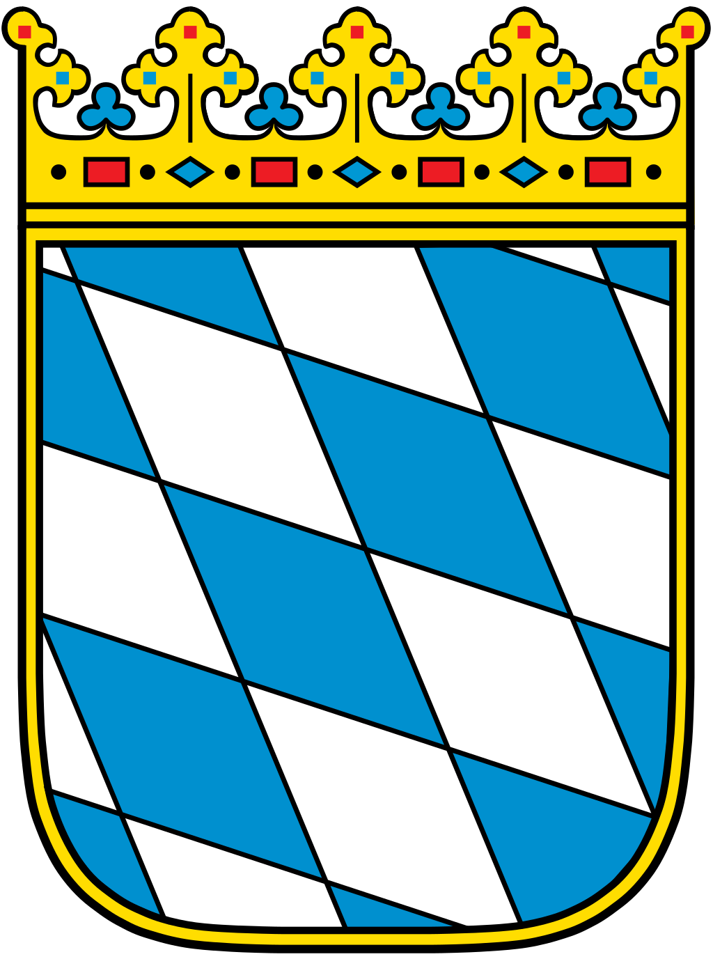 Wappen des Freistaats Bayern – weiß-blaue Rauten mit goldener Krone